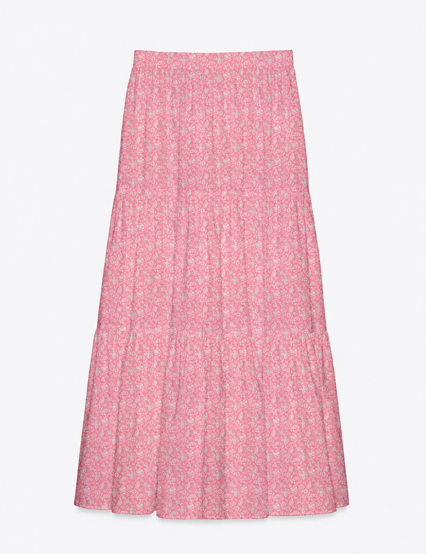 Yellow midi tiered skirt with small dark geometric micro pattern, flat lay front view