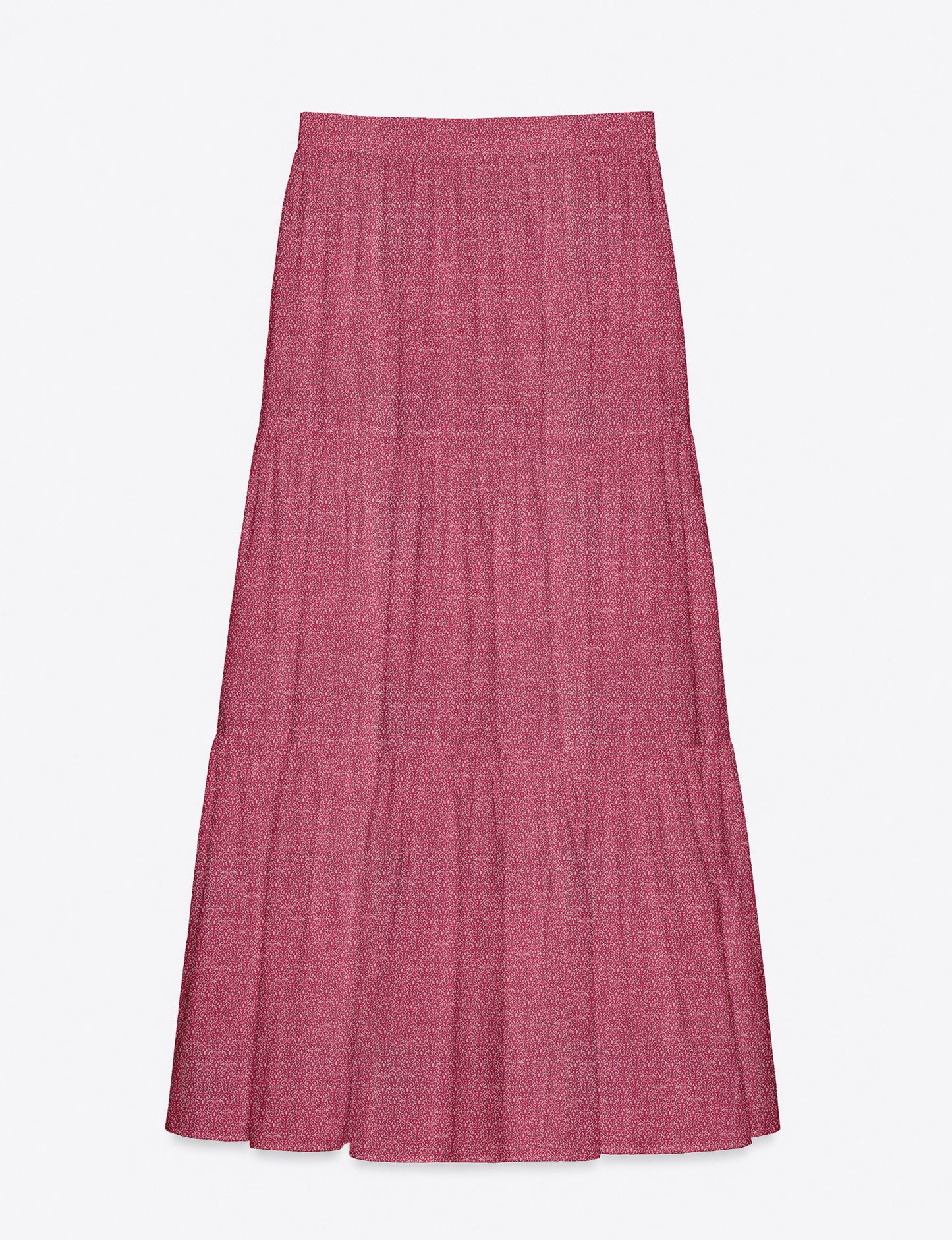 Yellow midi tiered skirt with small dark geometric micro pattern, flat lay front view