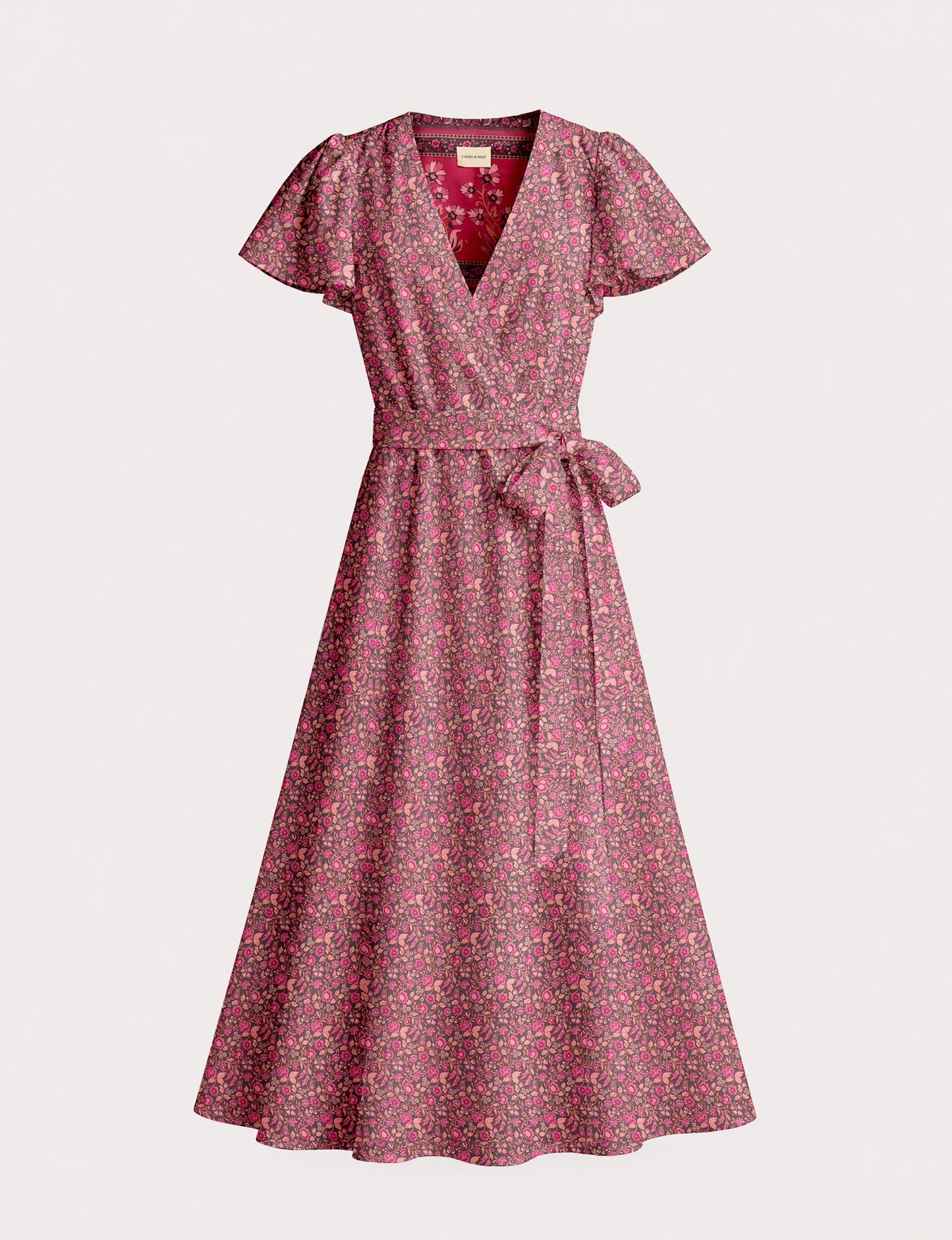 Elegant midi wrap dress with a V-neckline, adjustable waist tie, fitted bodice, and flared skirt for a timeless, flattering silhouette.