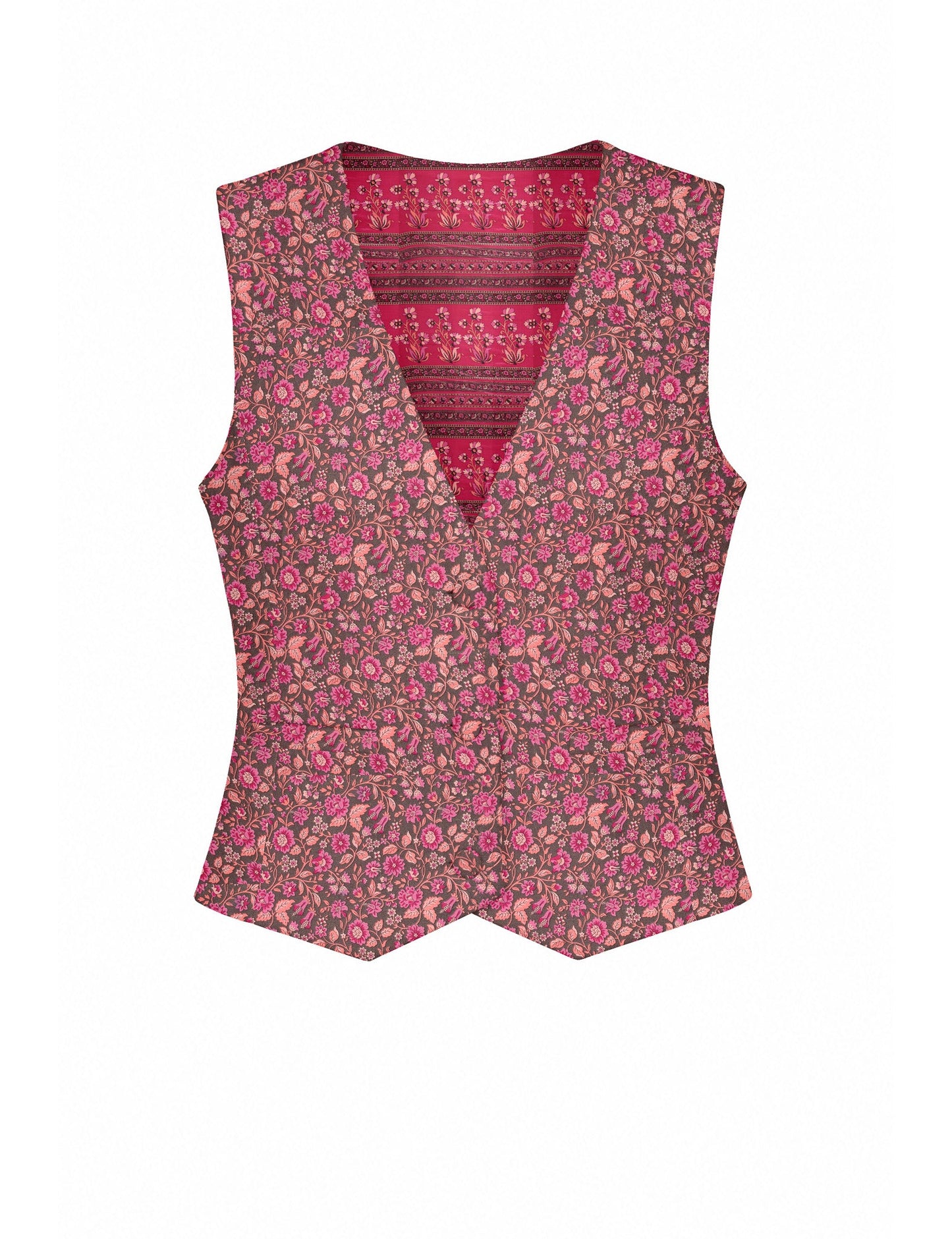 Women's fitted waistcoat with V-neck, single-breasted button closure, tailored silhouette, and pointed hem in sustainable fashion.