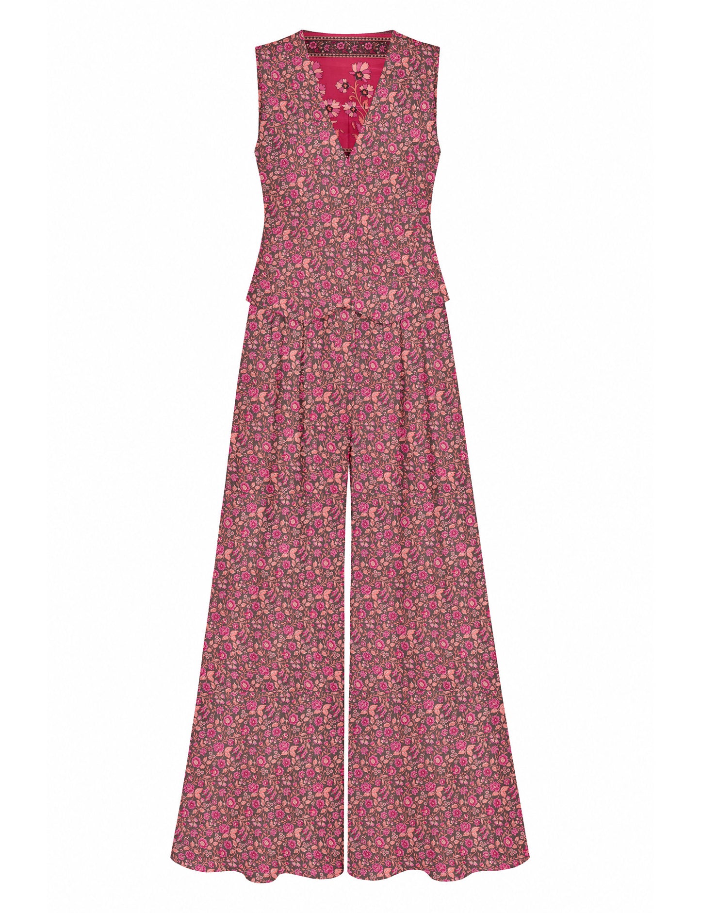 Women's tailored waistcoat set with a sleeveless V-neck button-front waistcoat and high-rise wide leg trousers in a coordinated matching outfit.