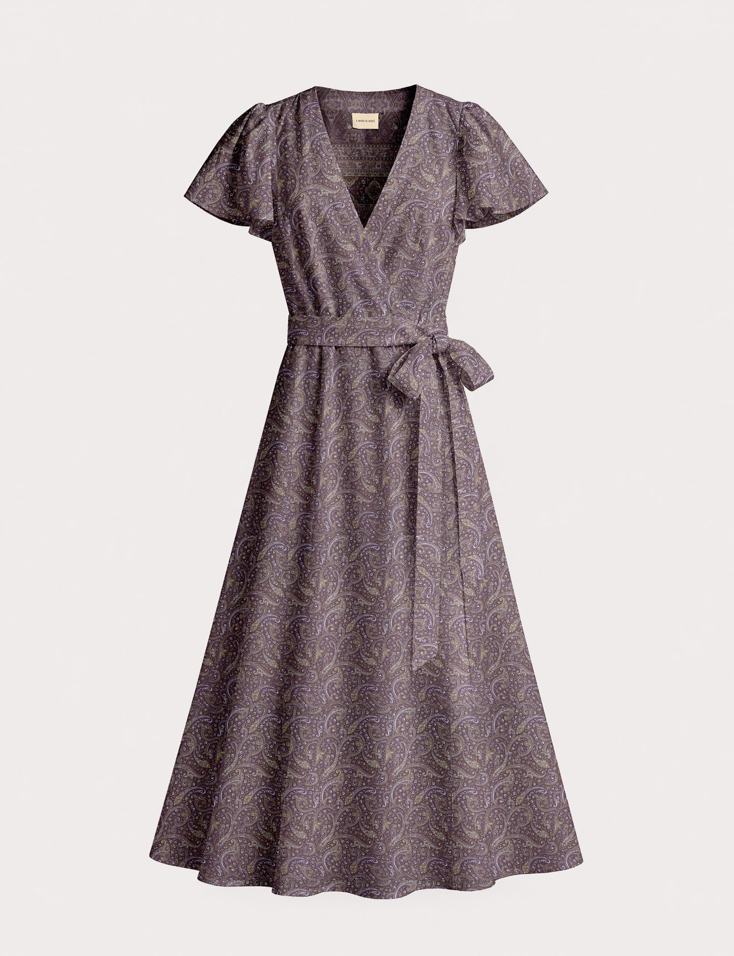 Elegant midi wrap dress with a V-neckline, adjustable waist tie, fitted bodice, and flared skirt for a timeless, flattering silhouette.