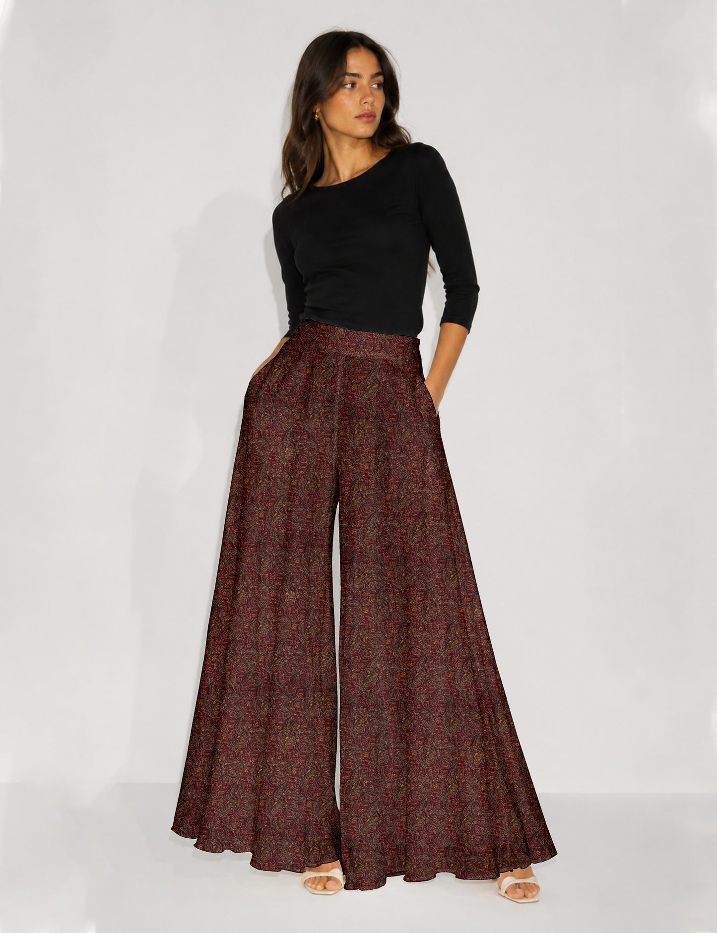 Wide Leg Palazzo Trousers - Red Abstract