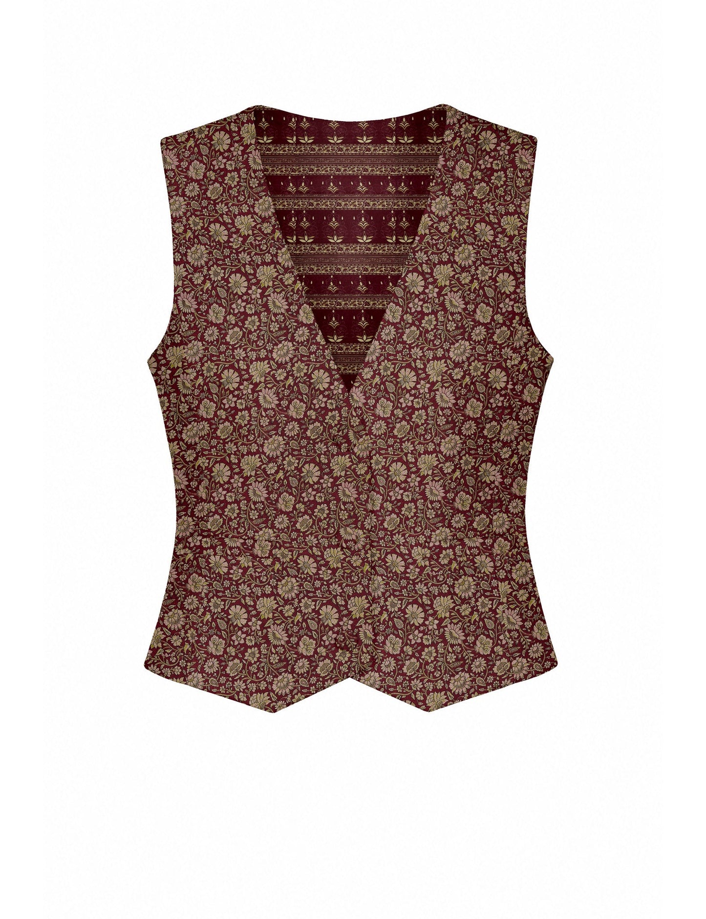 Women's fitted waistcoat with V-neck, single-breasted button closure, tailored silhouette, and pointed hem in sustainable fashion.