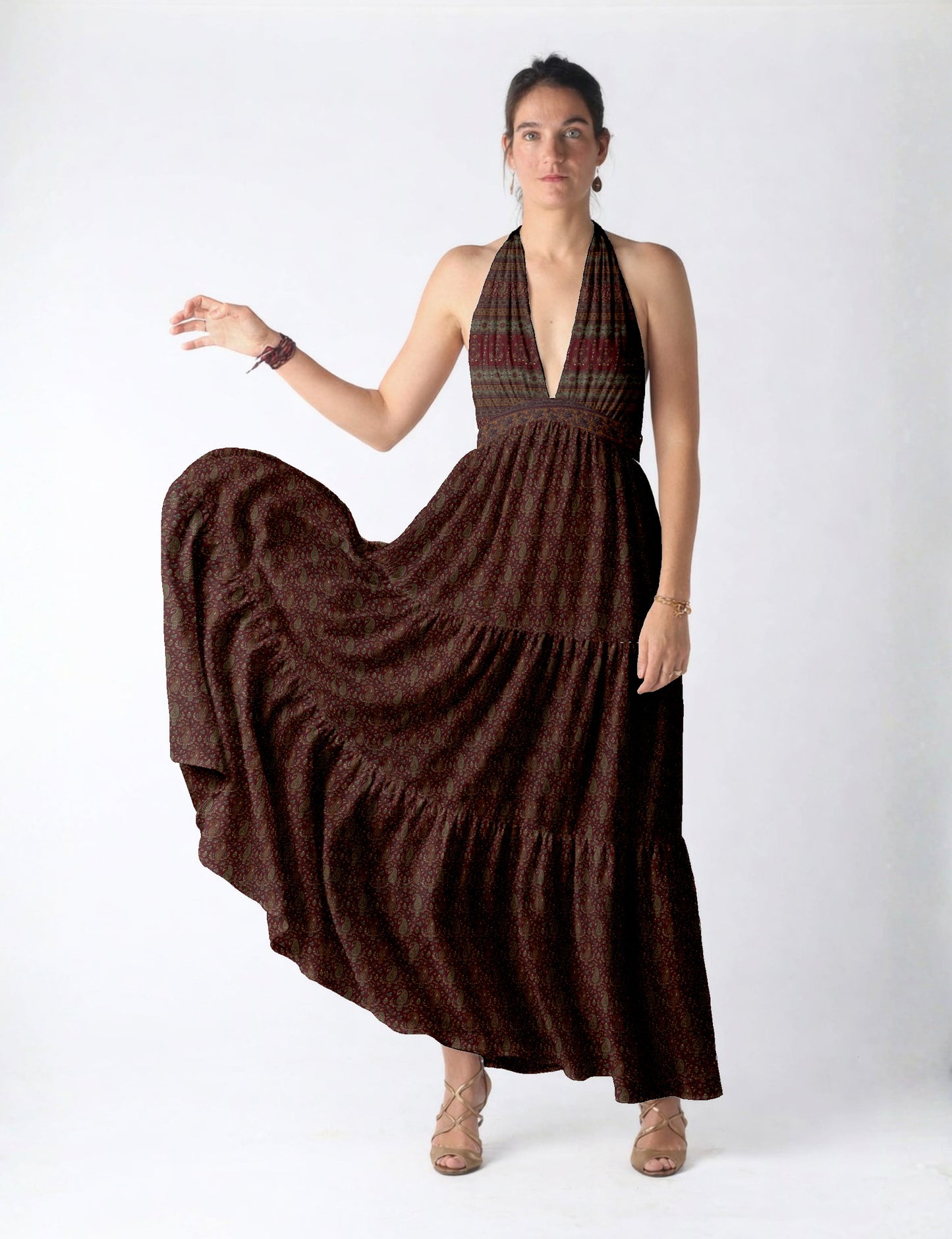 Flowy maxi tiered dress for vacations, brunch, and evening wear