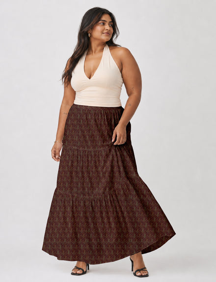 Midi Tiered Skirt - Red Paisley