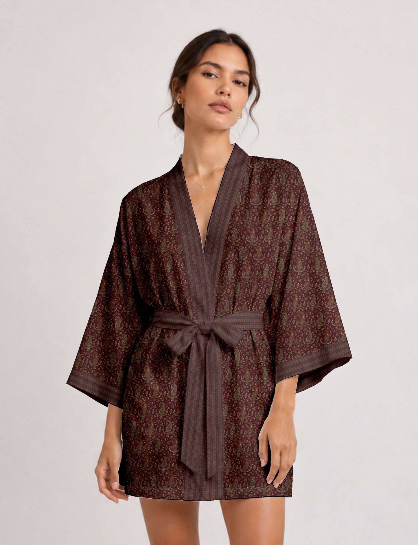 Short kimono robe - Red Paisley