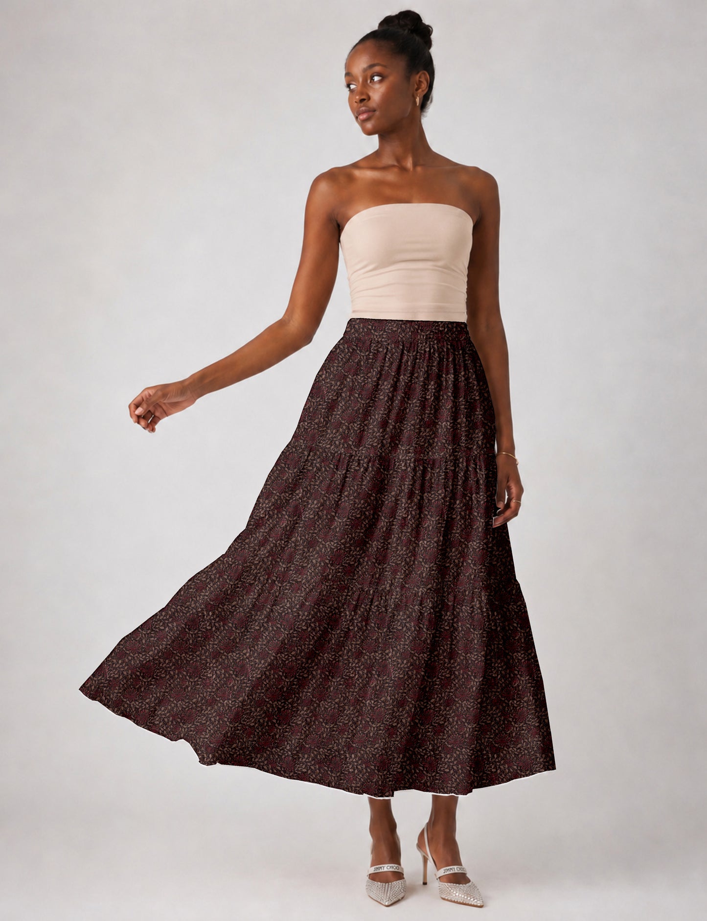 Midi Tiered Skirt - Red Tropical