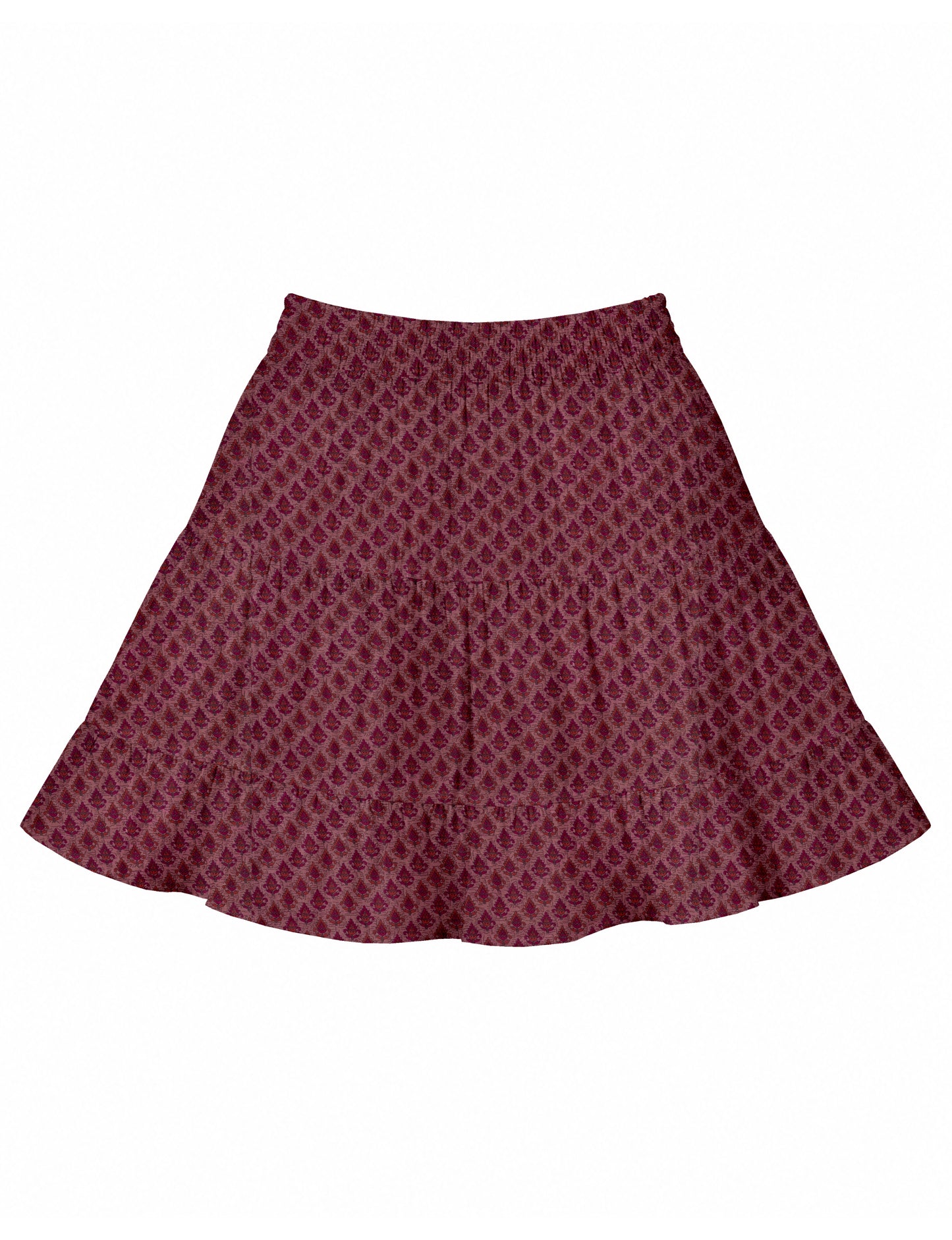 Short tiered skirt with pink and red leaf pattern, elastic waistband, flat lay front view on white background