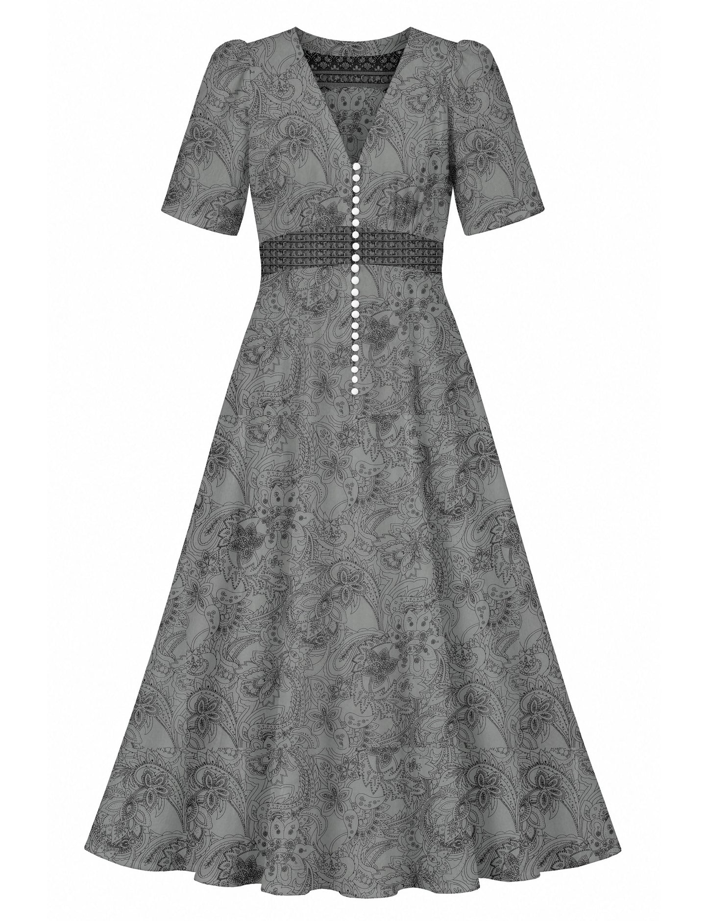 Maxi romantic dress with a fitted bodice, V-neckline, functional button placket, structured waist panel, short sleeves, and a softly flared ankle-length A-line skirt.