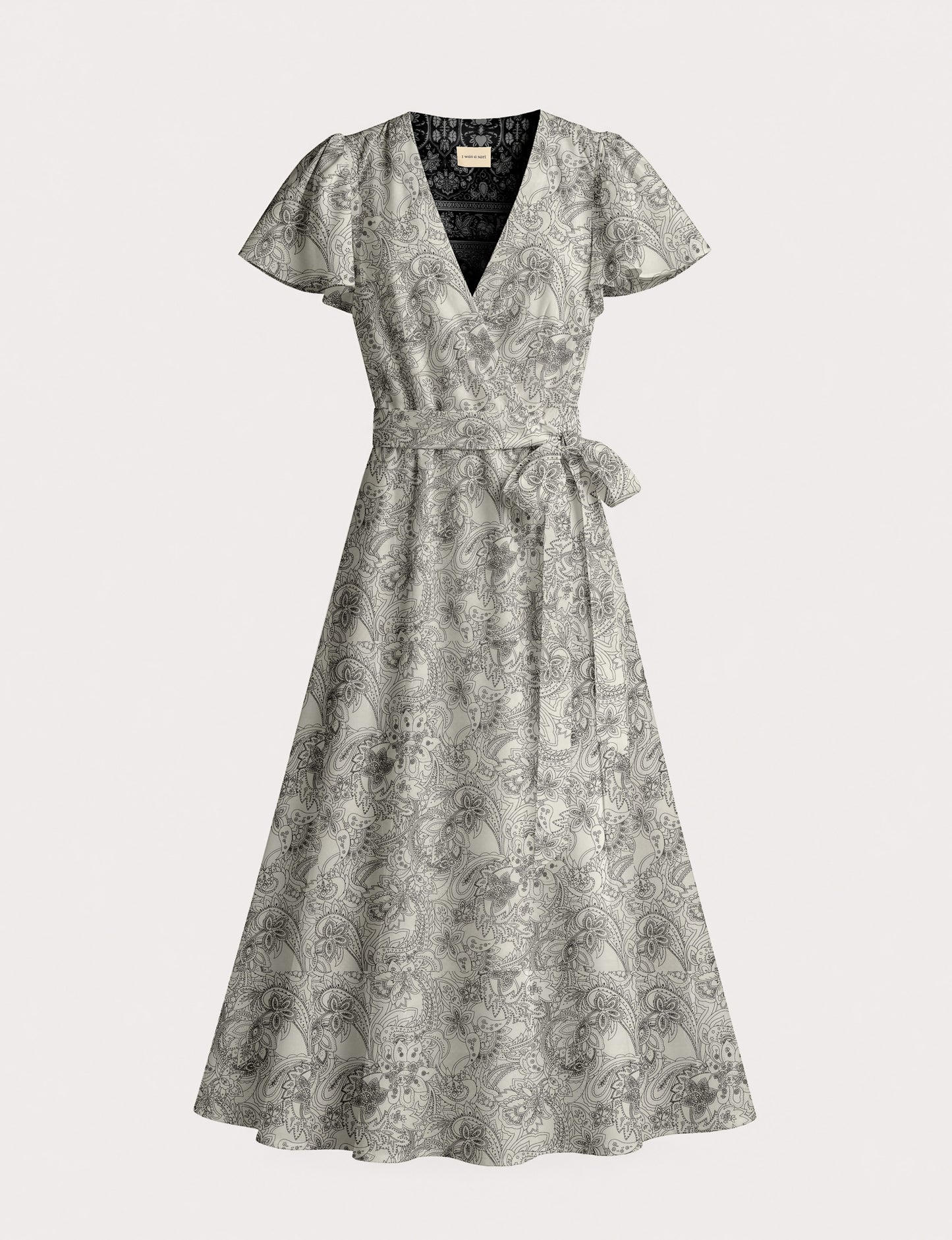 Elegant midi wrap dress with a V-neckline, adjustable waist tie, fitted bodice, and flared skirt for a timeless, flattering silhouette.