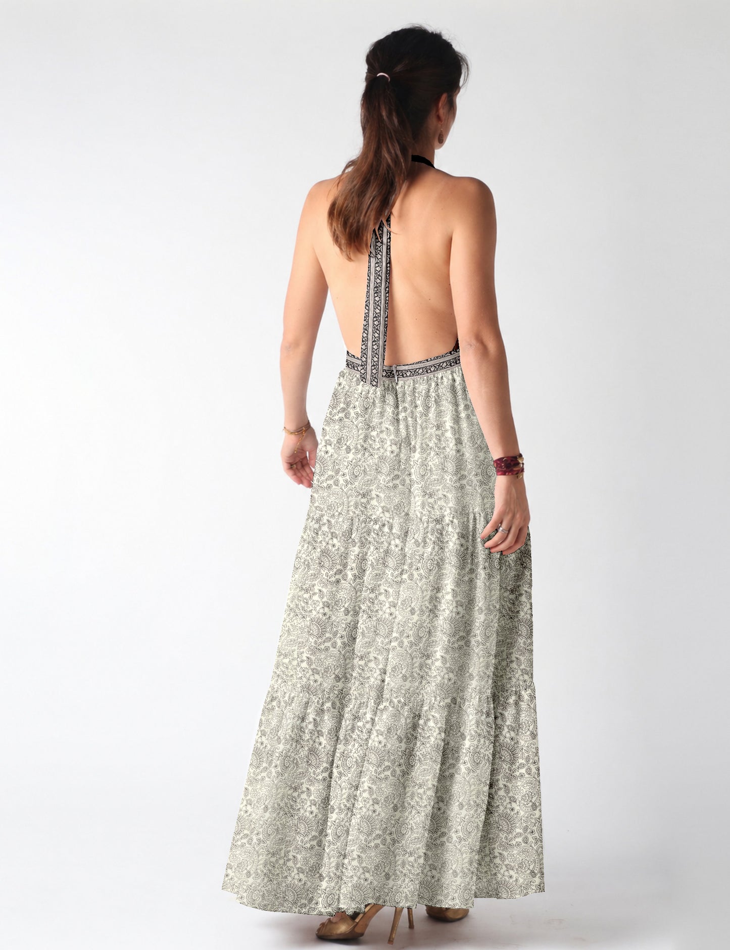 Halter neck maxi dress with tiered layers and elasticated back