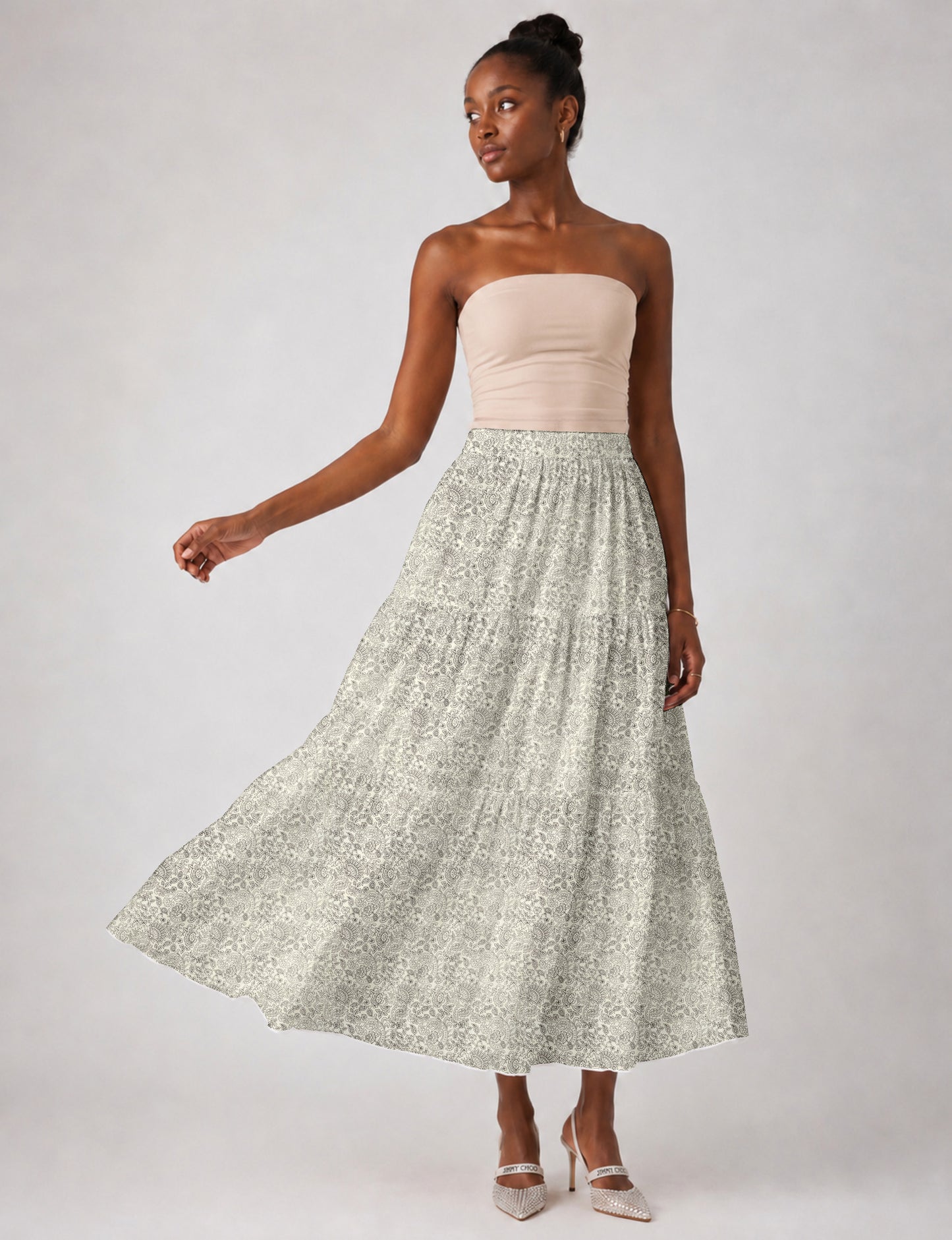 Midi Tiered Skirt - White Tropical