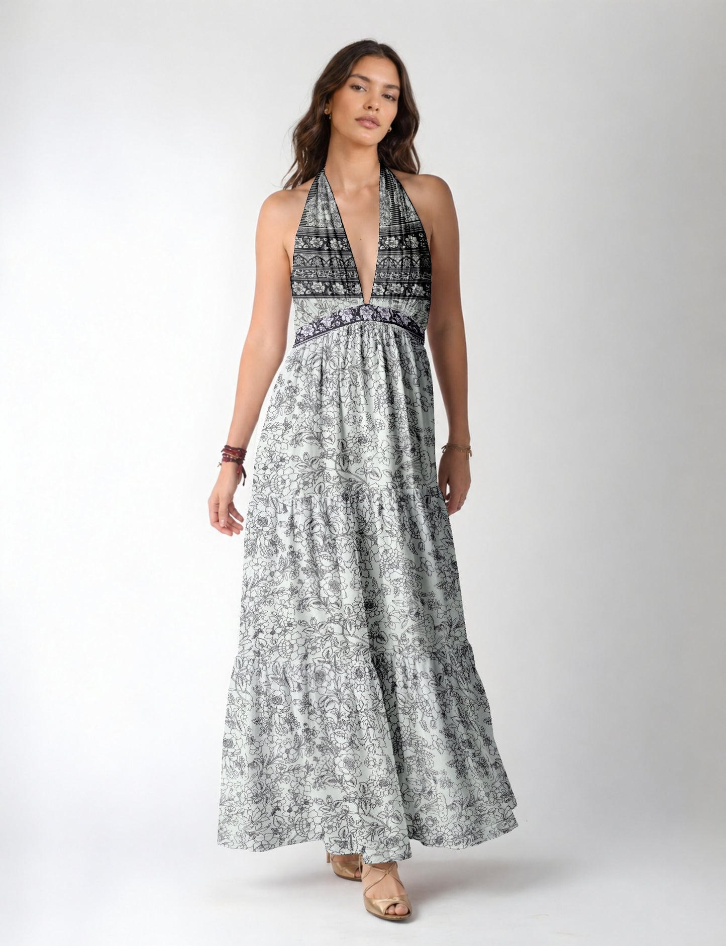 Maxi dress side view highlighting volume and movement