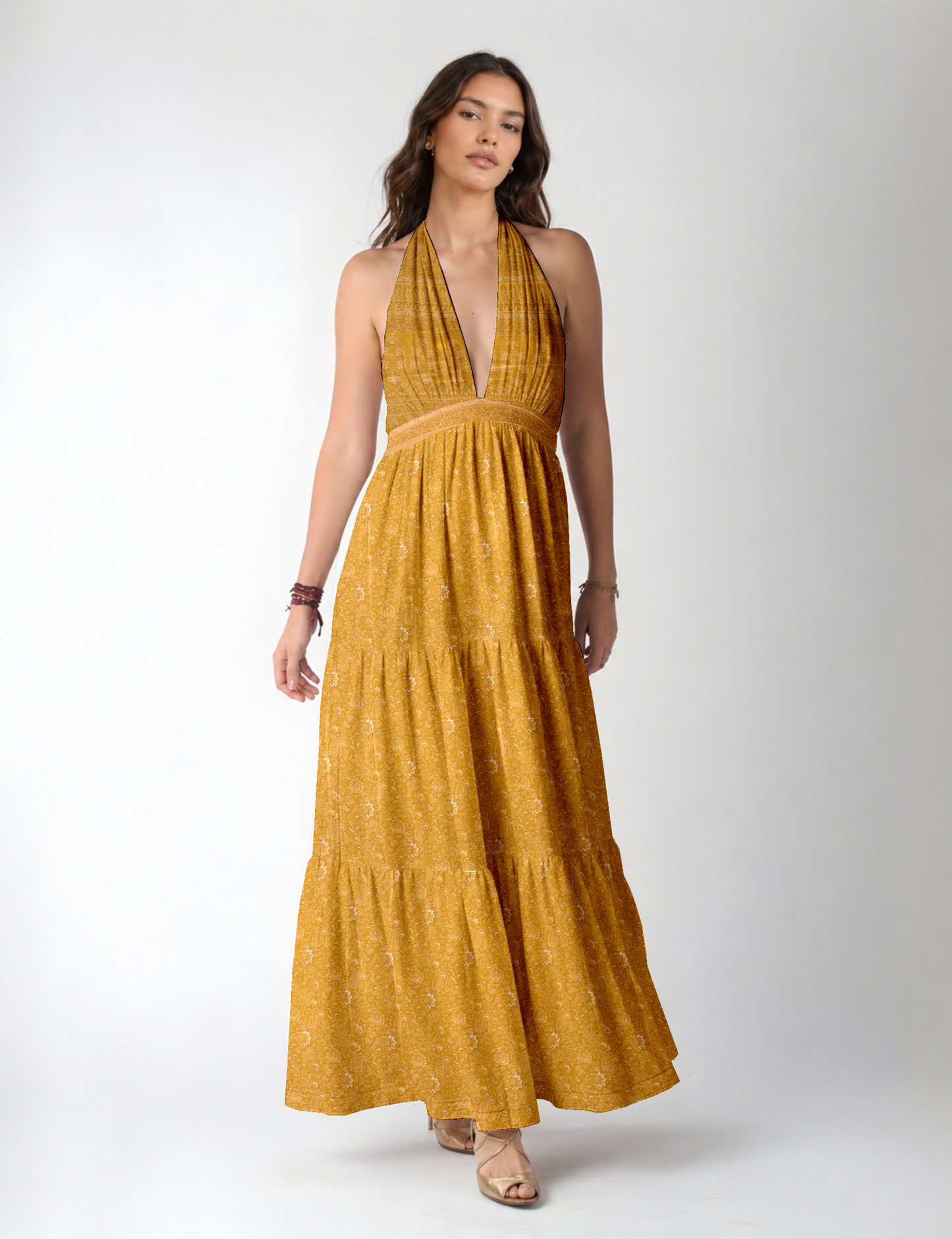 Halter neck maxi dress with tiered layers and elasticated back