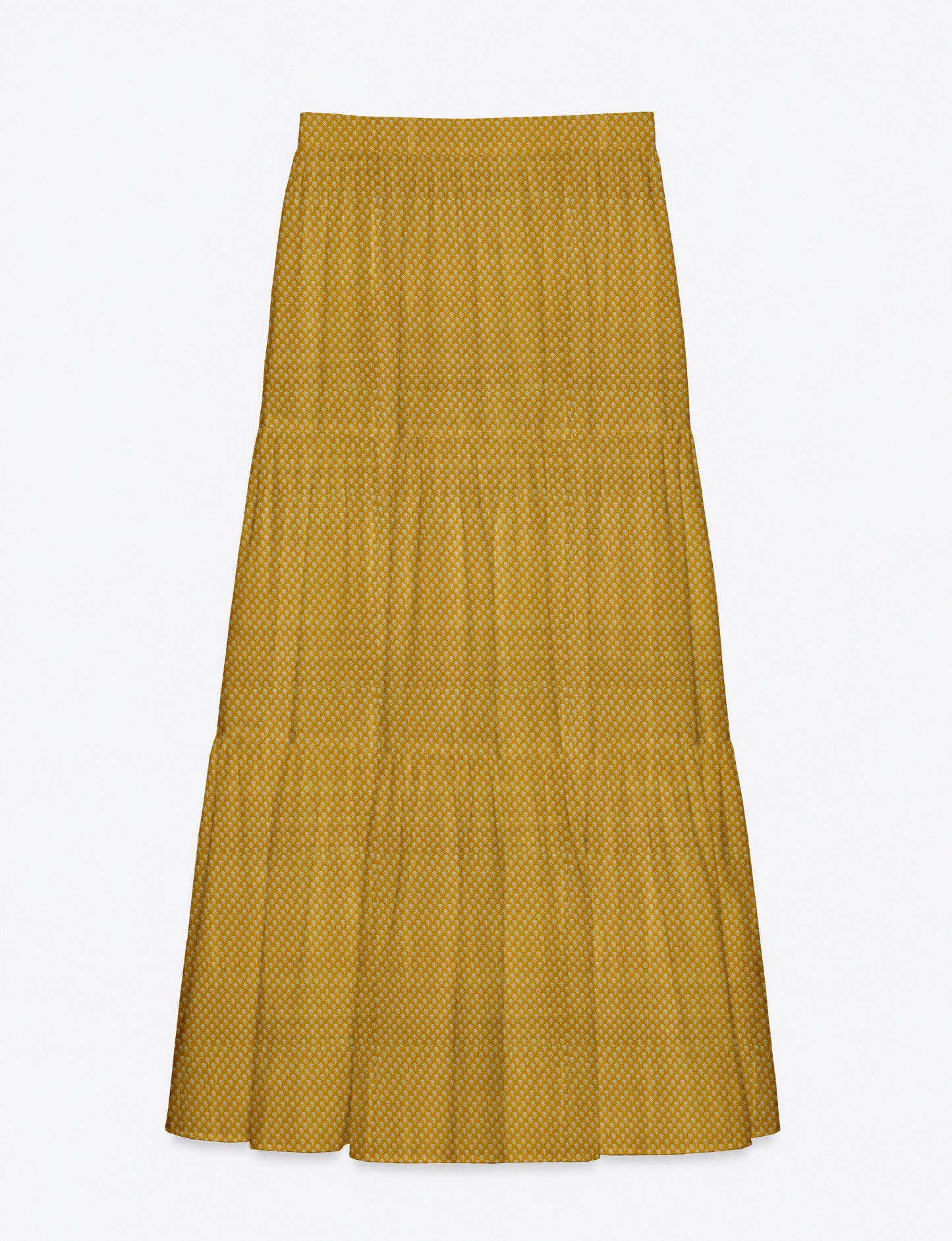 Yellow midi tiered skirt with small dark geometric micro pattern, flat lay front view