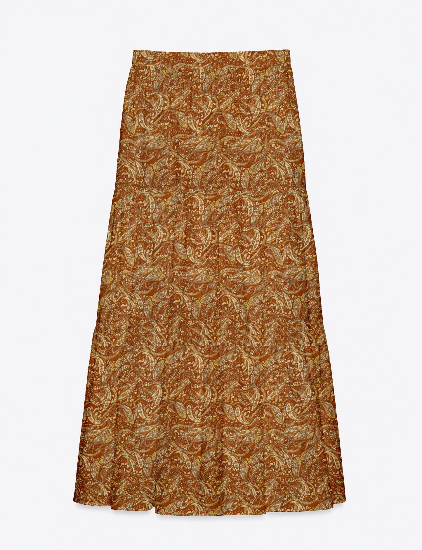 Yellow paisley midi tiered skirt with intricate floral and swirl pattern, flat lay front view