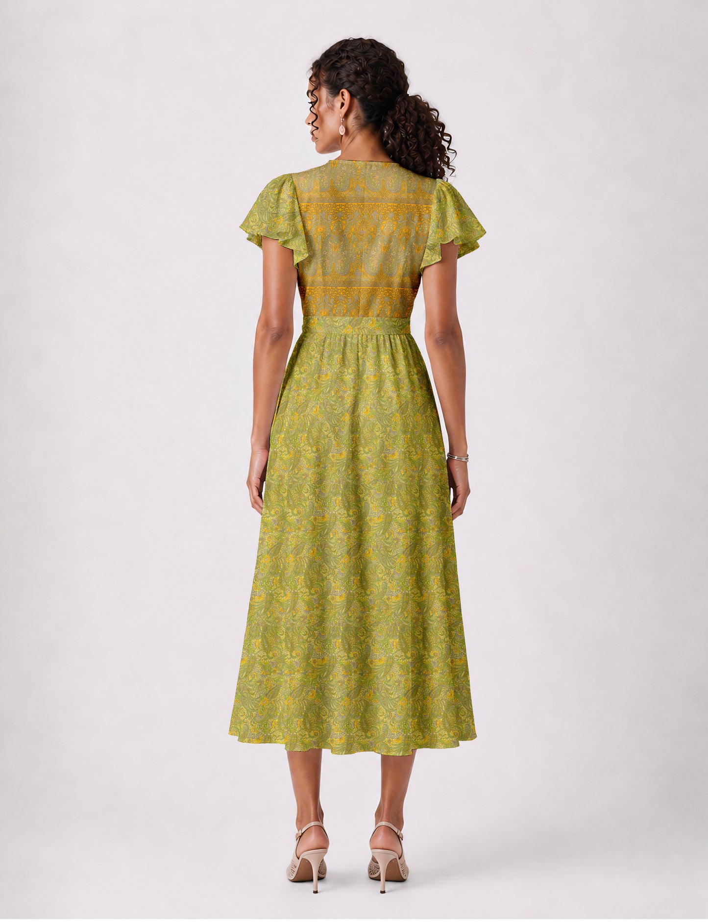 Elegant midi wrap dress with a V-neckline, adjustable waist tie, fitted bodice, and flared skirt for a timeless, flattering silhouette.
