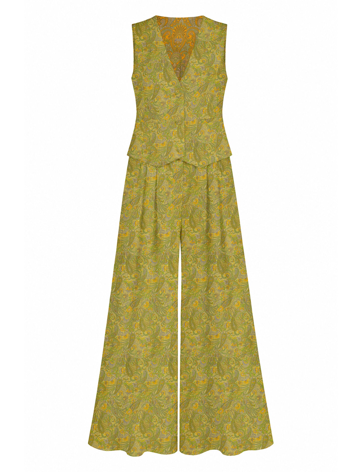 Women's tailored waistcoat set with a sleeveless V-neck button-front waistcoat and high-rise wide leg trousers in a coordinated matching outfit.