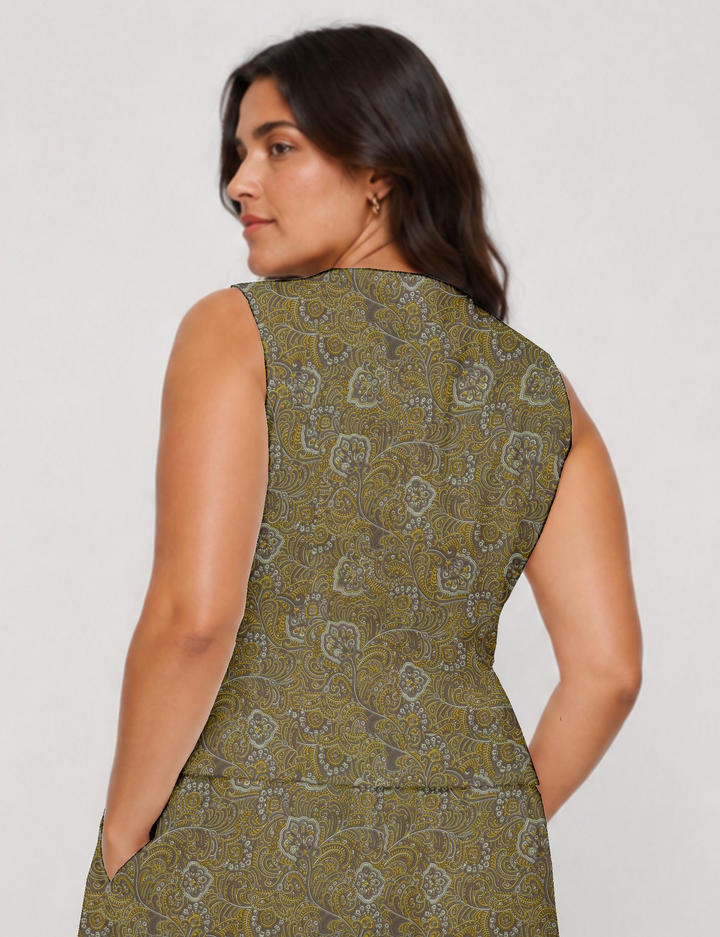 Women's fitted waistcoat with V-neck, single-breasted button closure, tailored silhouette, and pointed hem in sustainable fashion.