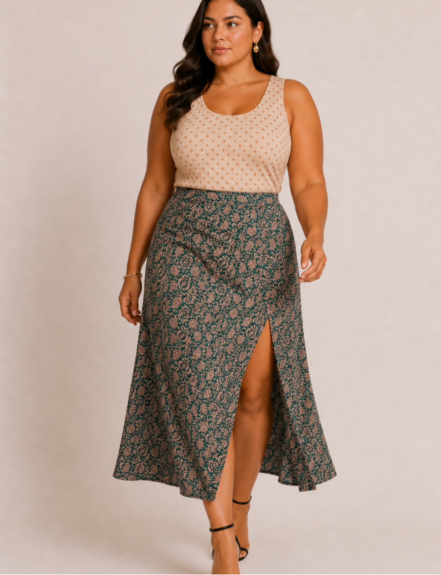 A line skirt with slit - Green Leaves