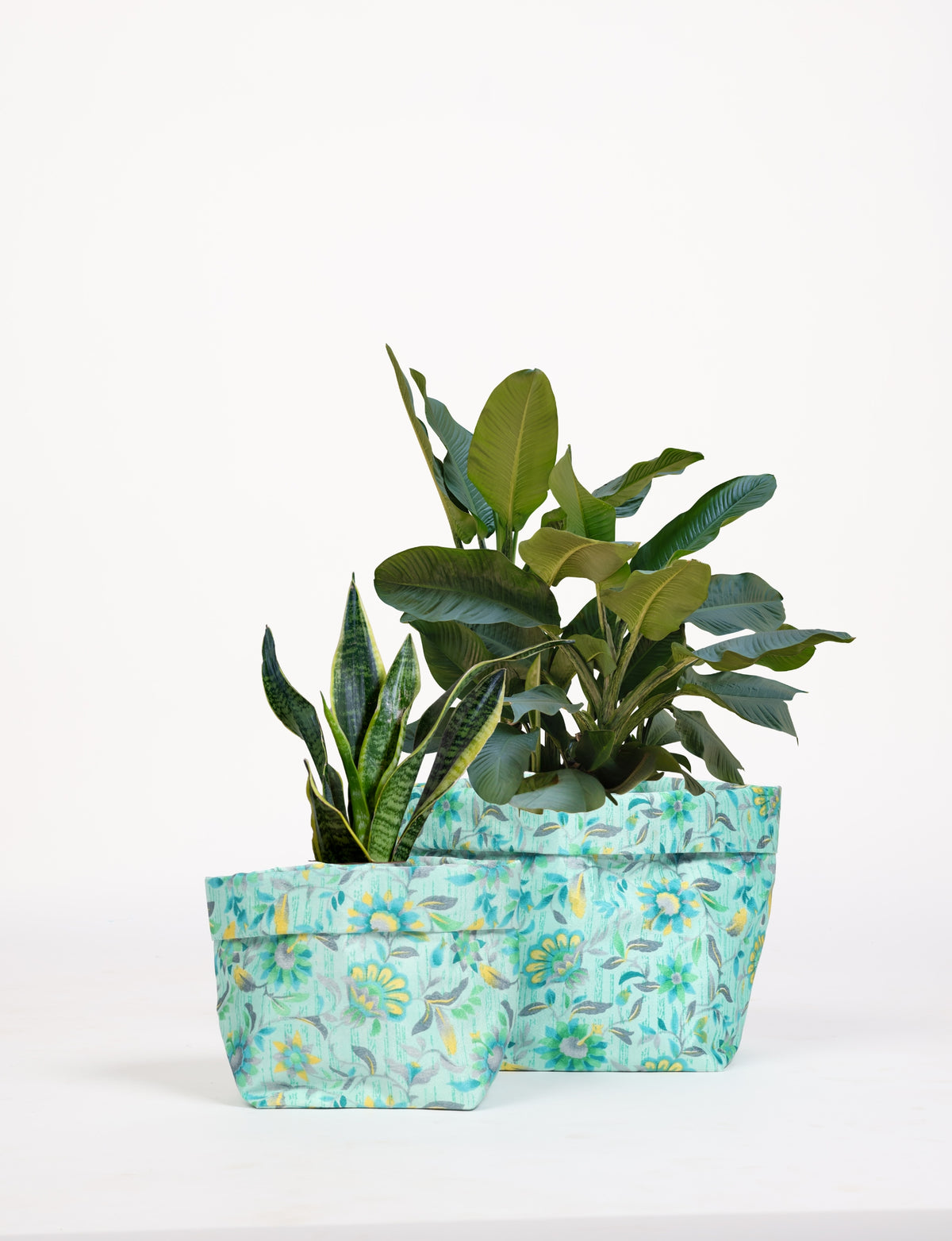 Two green tropical floral fabric plant pot covers in small and medium sizes, each holding a green leafy plant, front view