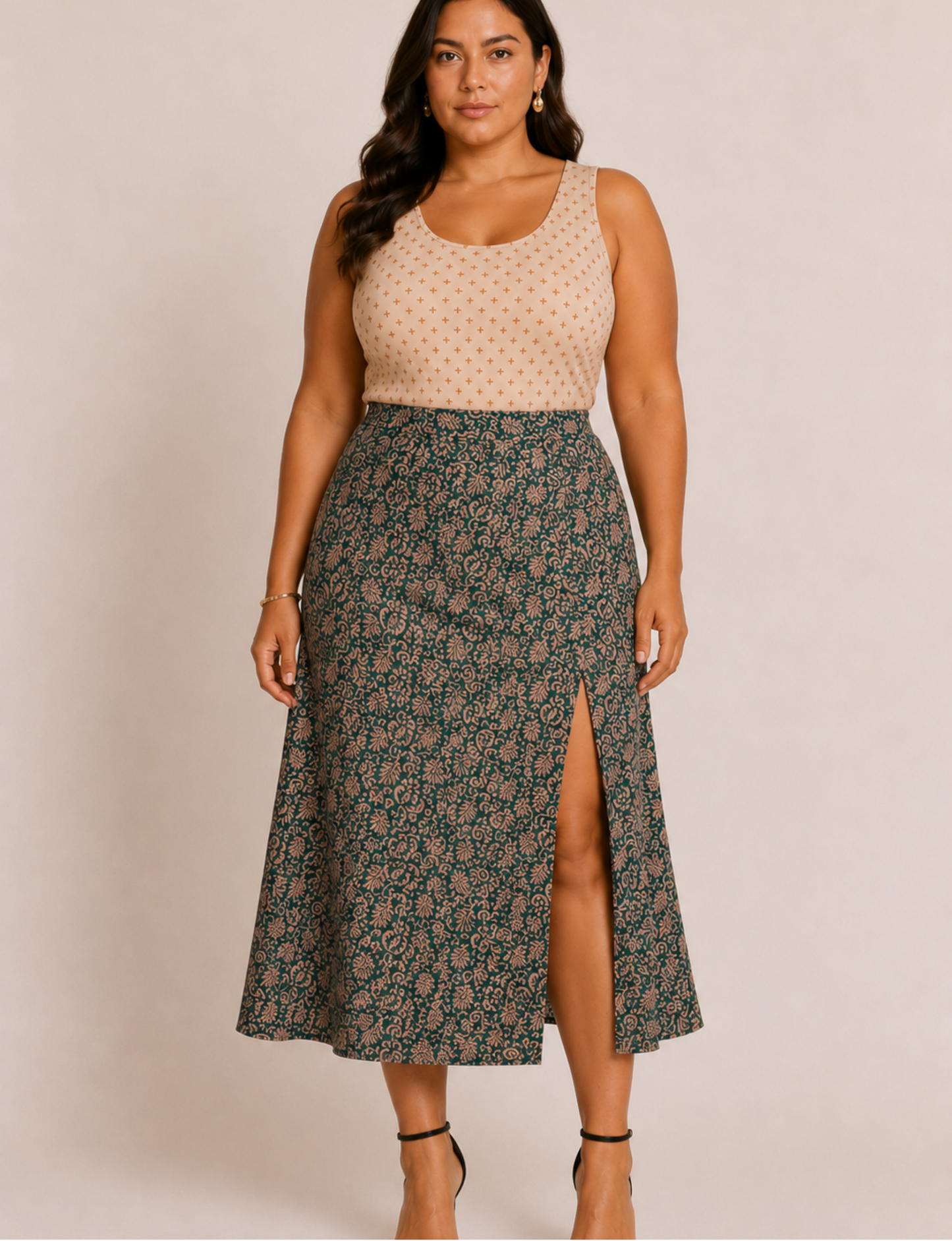 A line skirt with slit - Green Leaves