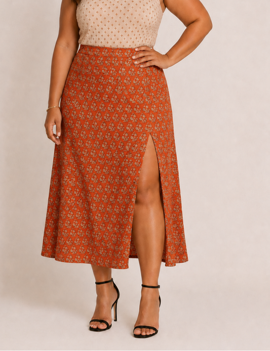 A line skirt with slit - Orange Tropical