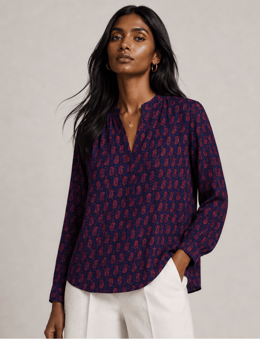 Day Blouse – Blue Micro Design Long Sleeve Band Collar Tunic, Upcycled Sari Fabric