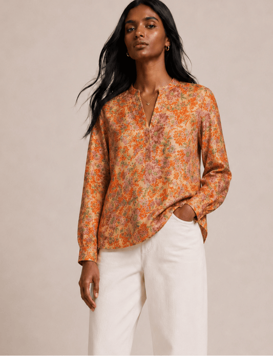 Day Blouse – Yellow Floral Band Collar Tunic, Relaxed Fit, Long Sleeve