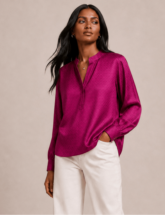 Day Blouse – Pink Micro Design Long Sleeve Tunic Top
