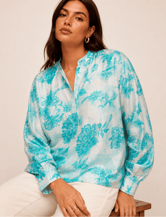 Day Blouse – Blue Floral Long Sleeve Tunic with Johnny Collar