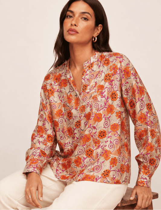 Blusa de día – Naranja Floral, estilo túnica, corte relajado, manga larga