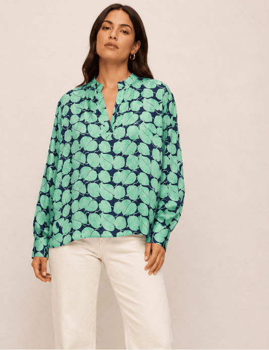 Blusa de día – Azul Hojas, túnica estilo camisero de manga larga con cuello mao