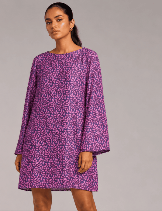 Swing Dress – Yellow Abstract, A-Line Mini with Flared Sleeves