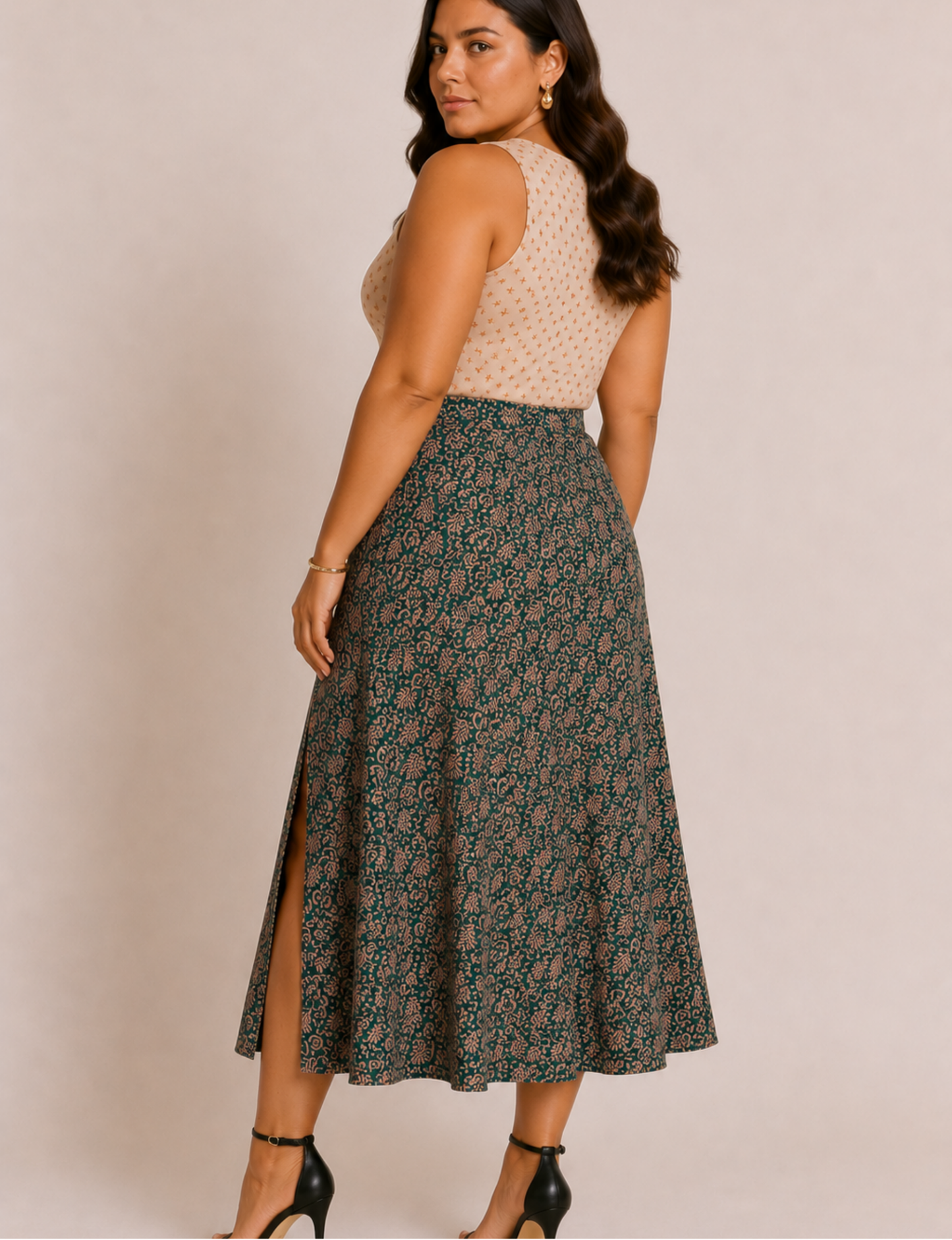 A line skirt with slit - Green Leaves