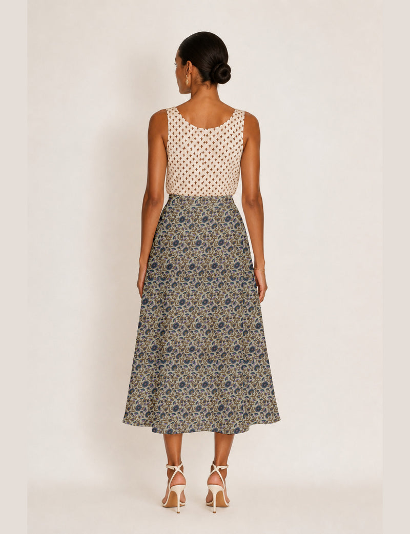 A line skirt with slit - Beige Floral