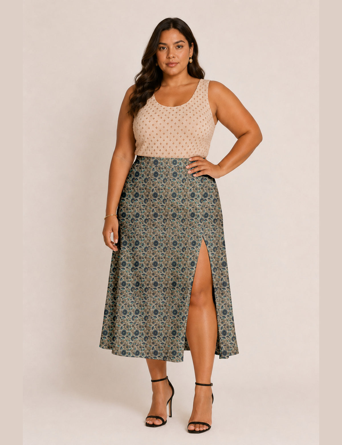 A line skirt with slit - Beige Floral