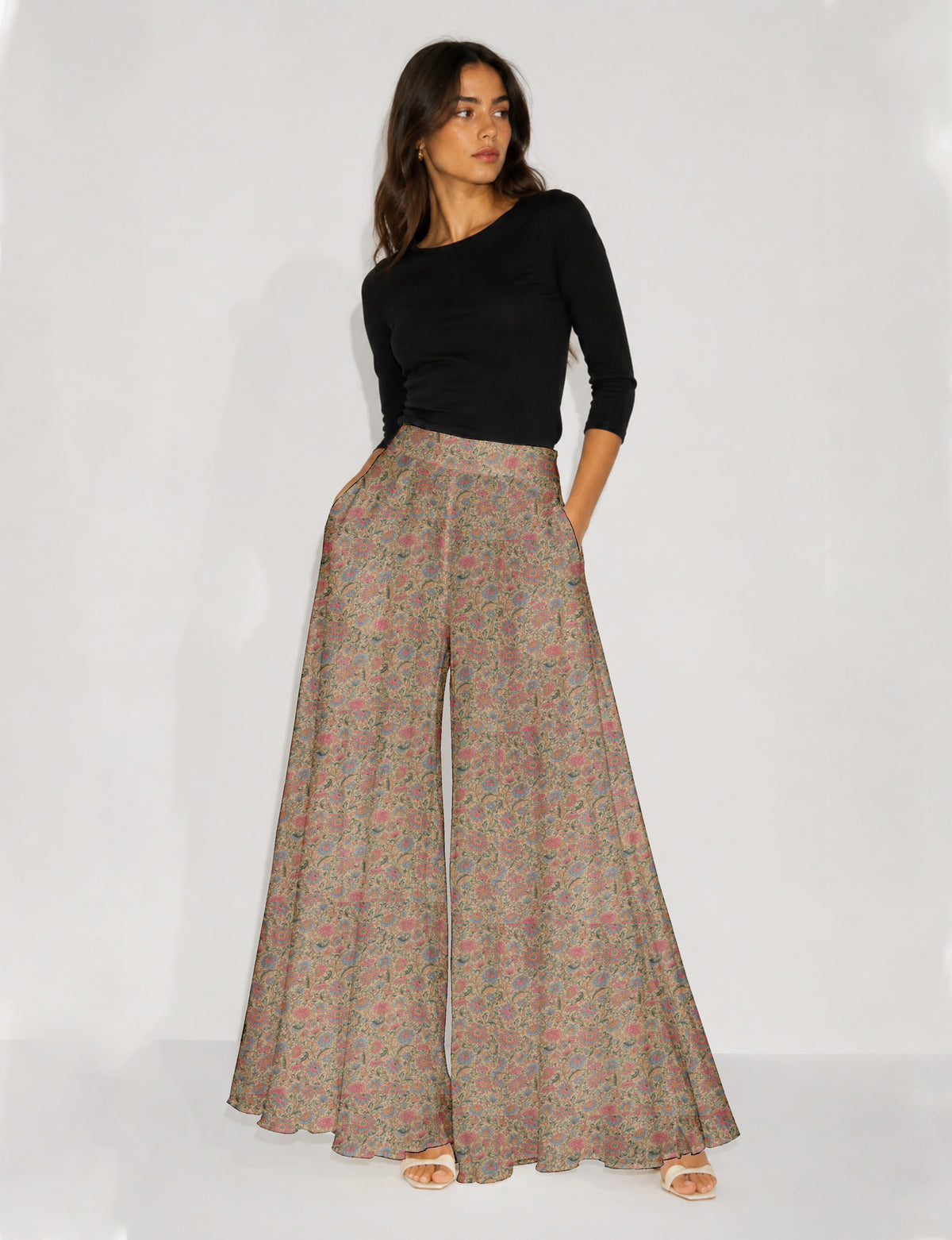 Wide Leg Palazzo Trousers - Beige Floral