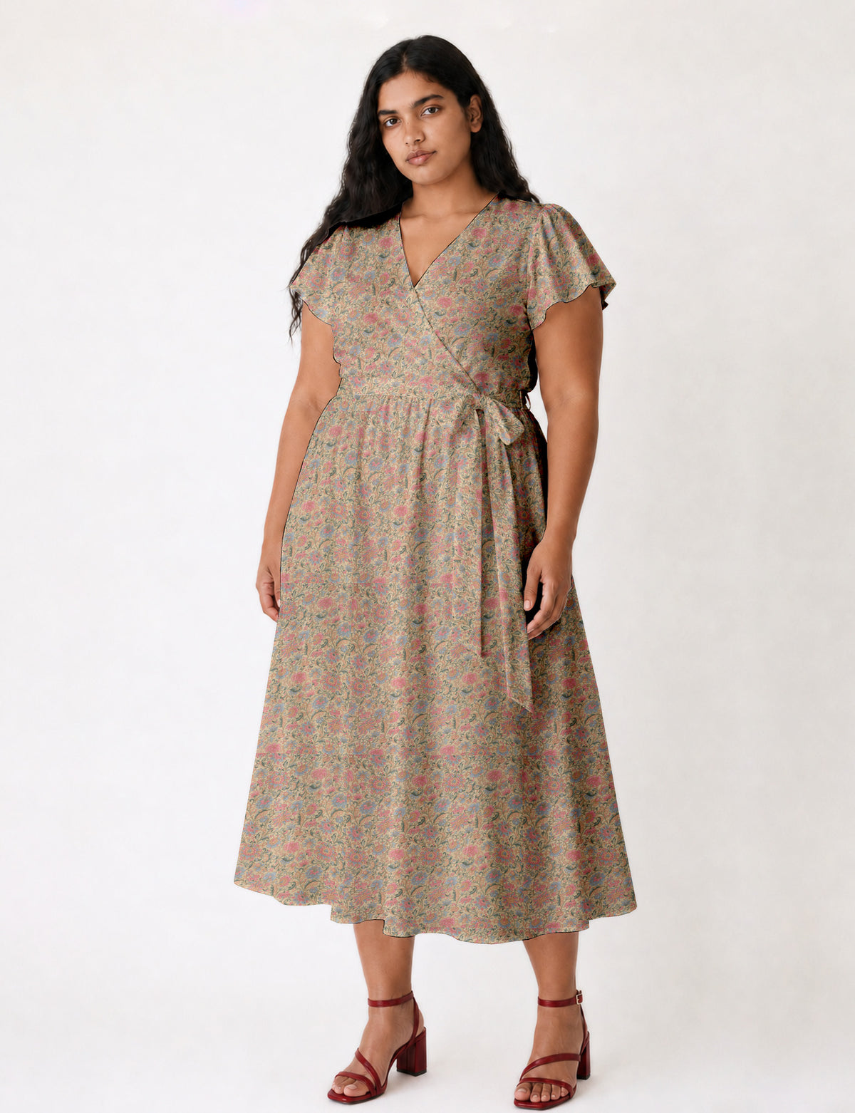 Elegant midi wrap dress with a V-neckline, adjustable waist tie, fitted bodice, and flared skirt for a timeless, flattering silhouette.