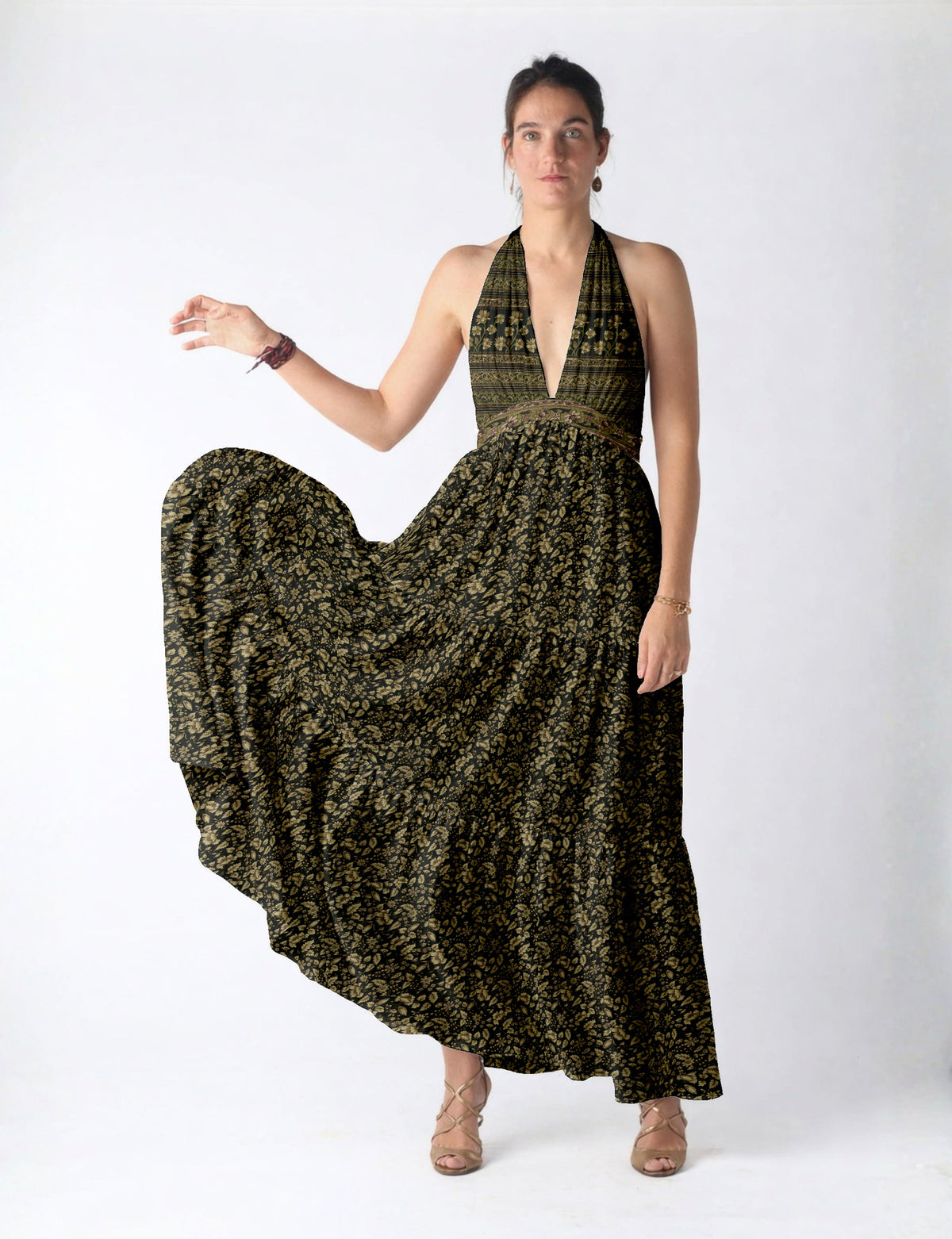 Maxi tiered dress by I was a Sari with halter neckline and flowy silhouette
