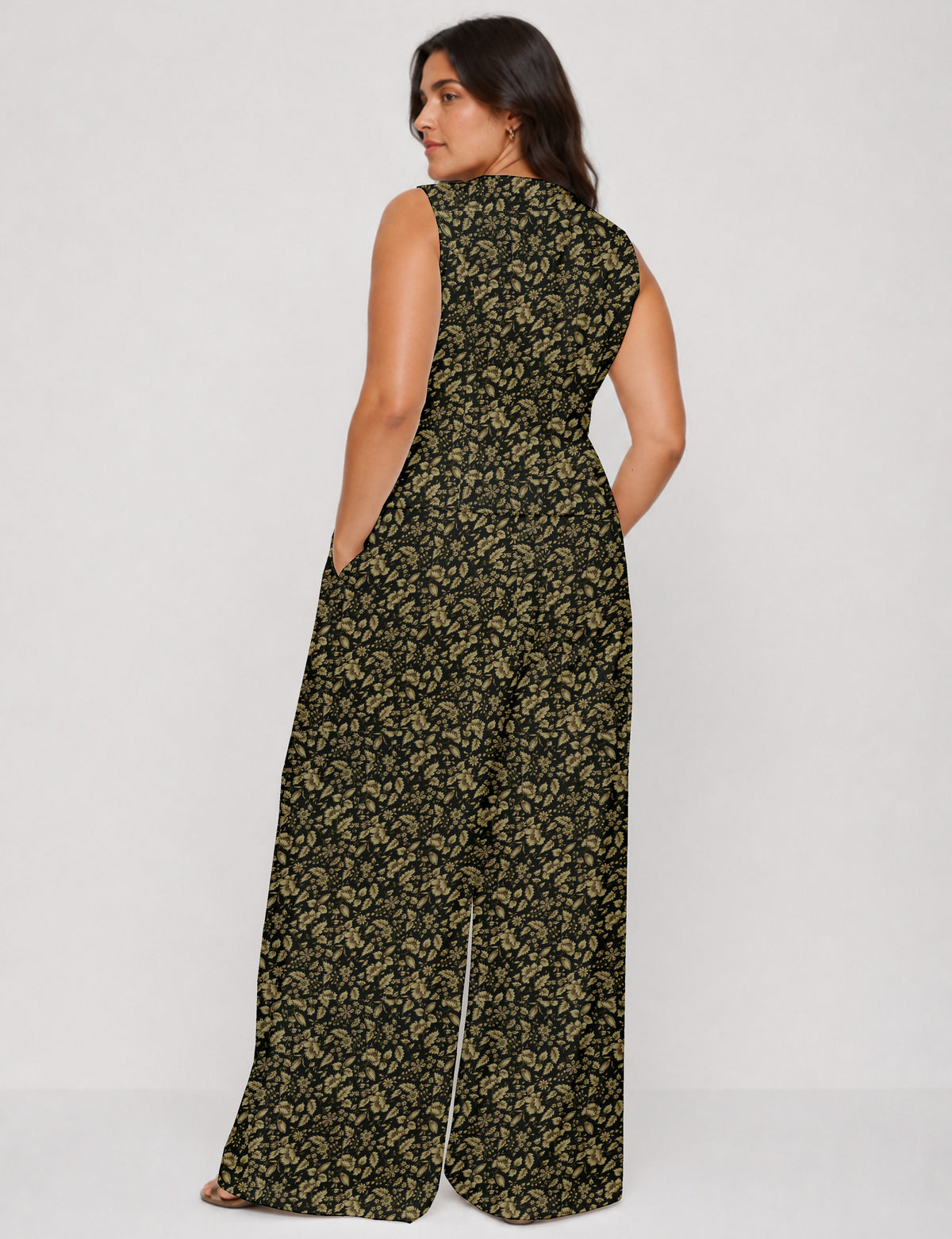 Women's tailored waistcoat set with a sleeveless V-neck button-front waistcoat and high-rise wide leg trousers in a coordinated matching outfit.