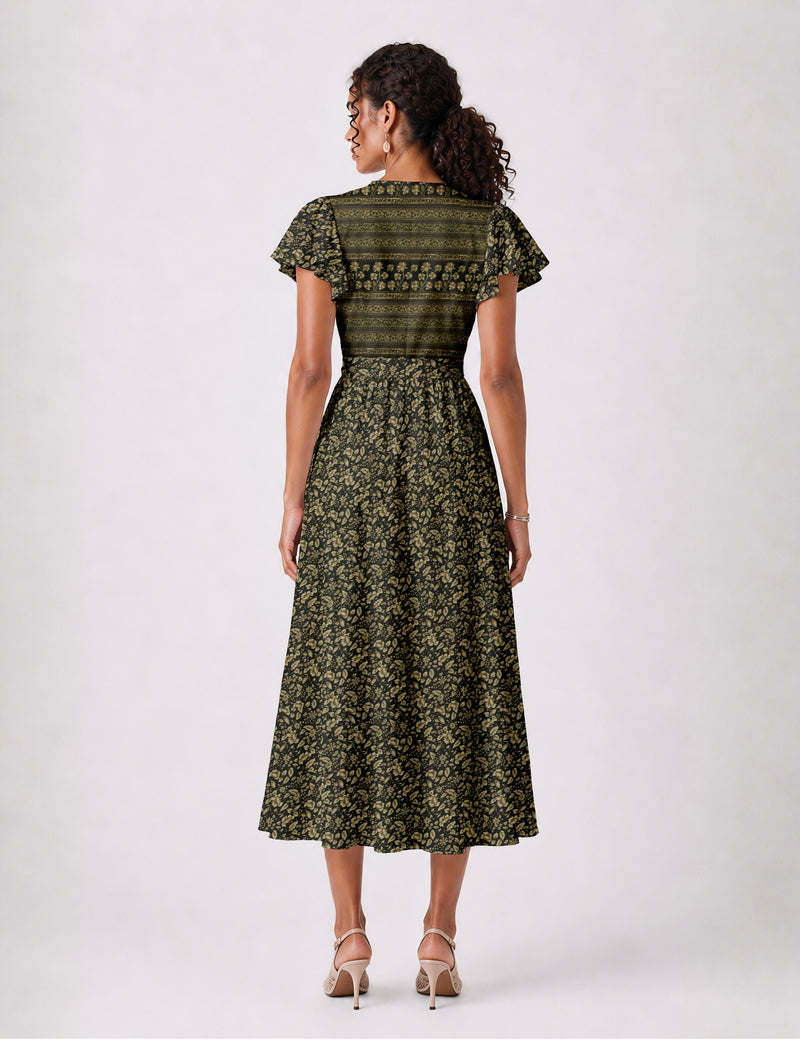 Elegant midi wrap dress with a V-neckline, adjustable waist tie, fitted bodice, and flared skirt for a timeless, flattering silhouette.