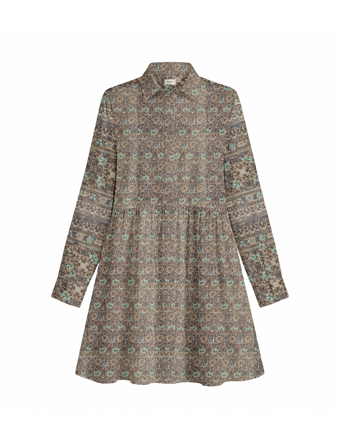 Short shirt dress with a relaxed A-line silhouette, point collar, partial button placket, gathered waist, side pockets, and full-length cuffed sleeves.