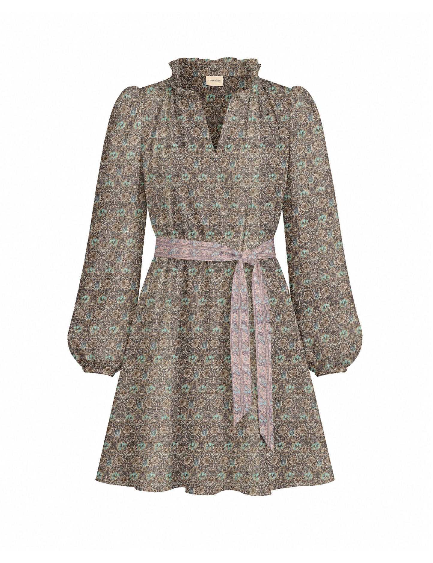 Swing dress with detachable tie belt, gathered ruffle neckline, full-length voluminous sleeves, elastic cuffs, and relaxed A-line silhouette in an above-knee length.