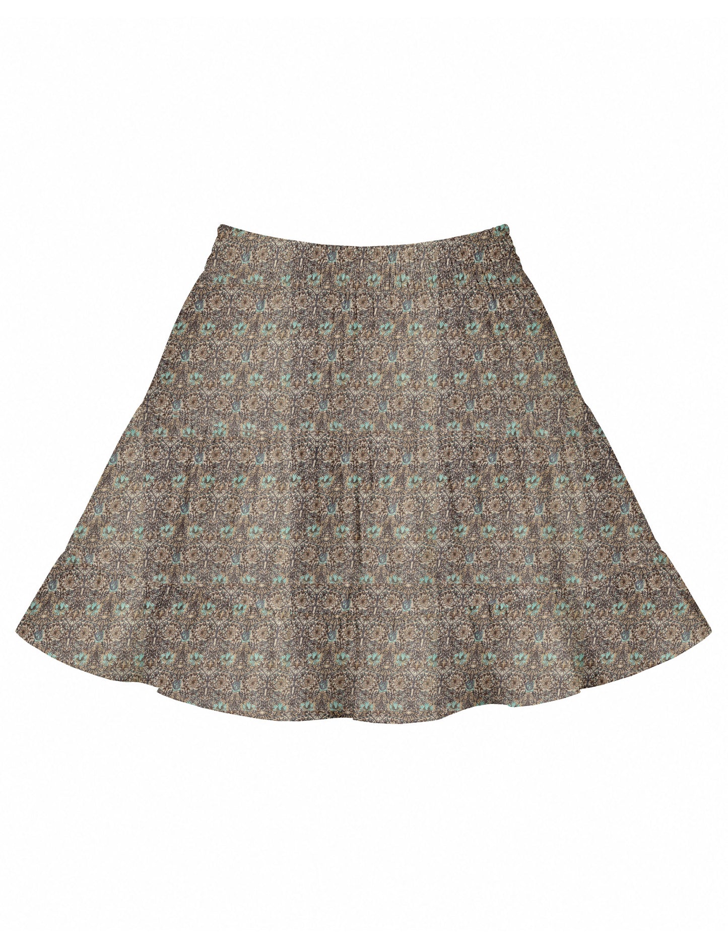 Short tiered skirt with a fitted waistband, knife pleats, softly flared silhouette, side seam pockets, and above-the-knee length.