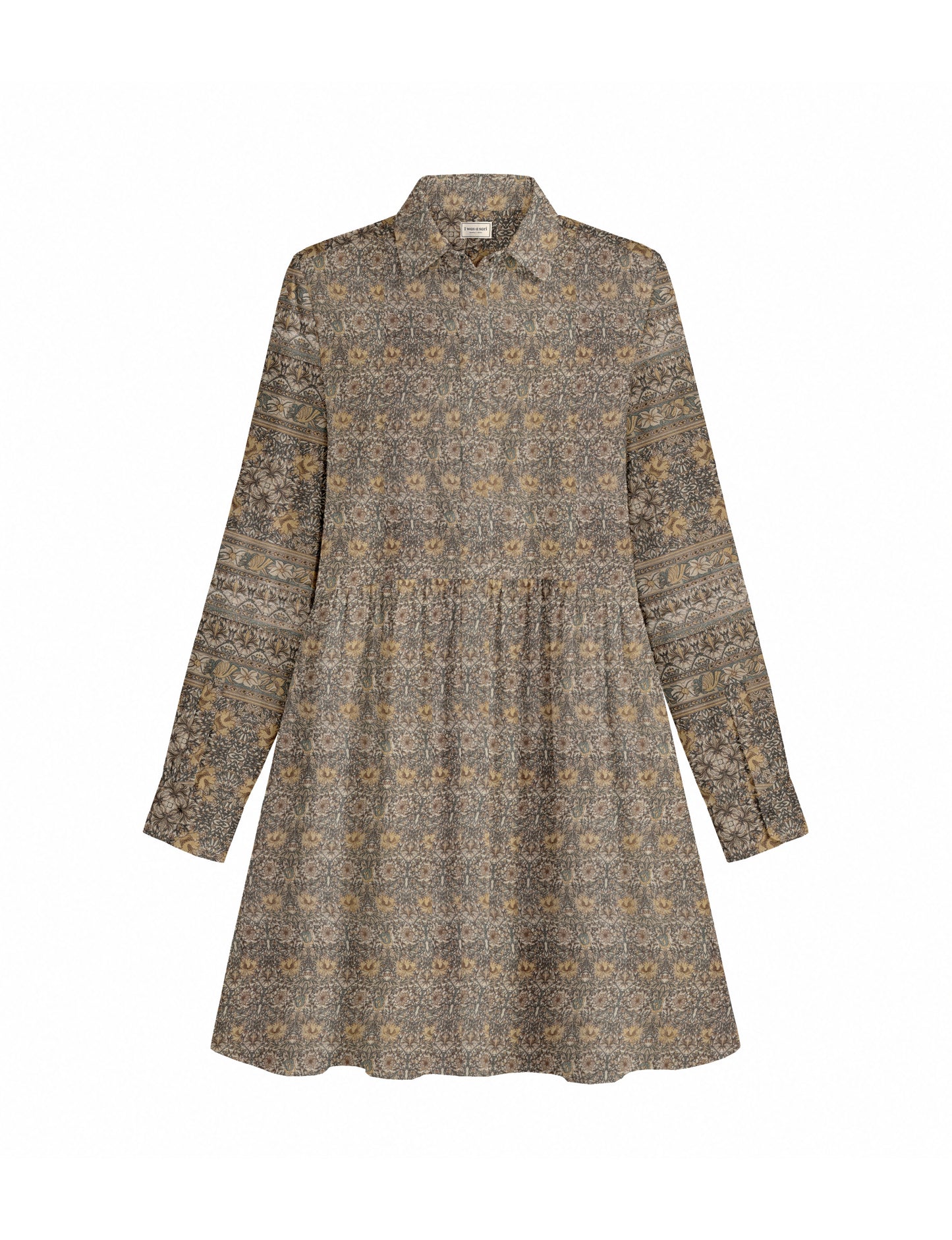 Short shirt dress with a relaxed A-line silhouette, point collar, partial button placket, gathered waist, side pockets, and full-length cuffed sleeves.