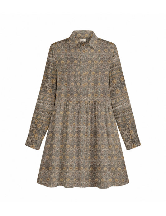 Short shirt dress with a relaxed A-line silhouette, point collar, partial button placket, gathered waist, side pockets, and full-length cuffed sleeves.