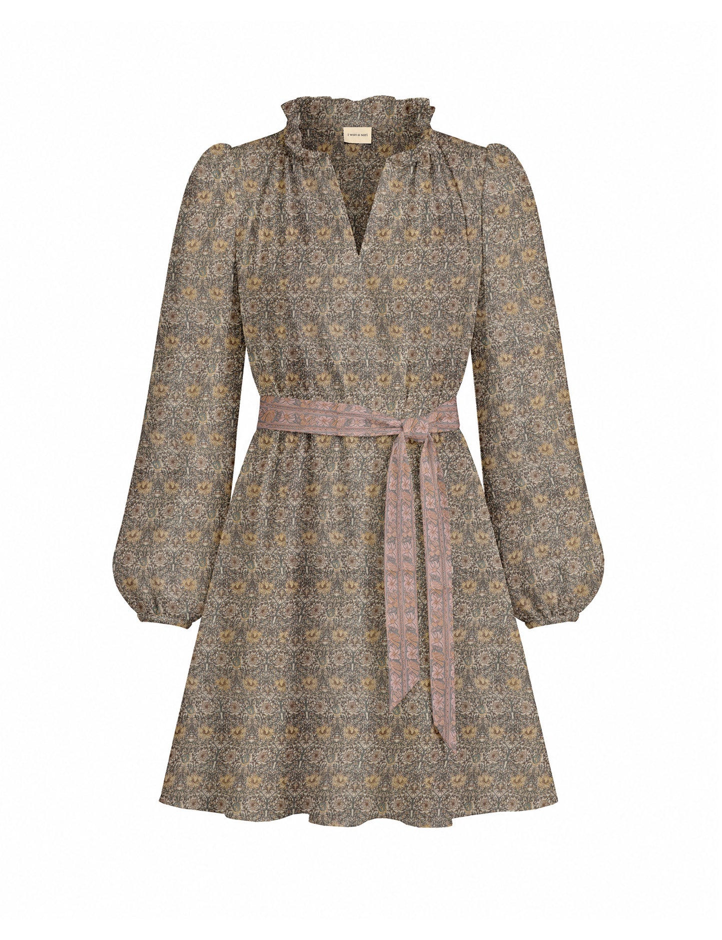Swing dress with detachable tie belt, gathered ruffle neckline, full-length voluminous sleeves, elastic cuffs, and relaxed A-line silhouette in an above-knee length.