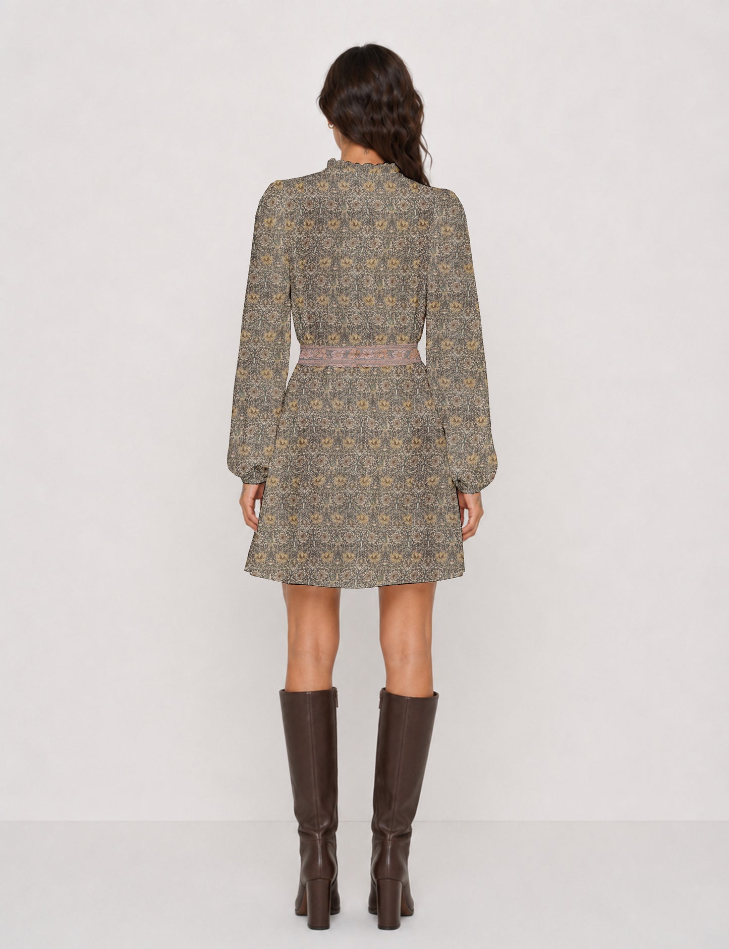 Swing dress with detachable tie belt, gathered ruffle neckline, full-length voluminous sleeves, elastic cuffs, and relaxed A-line silhouette in an above-knee length.